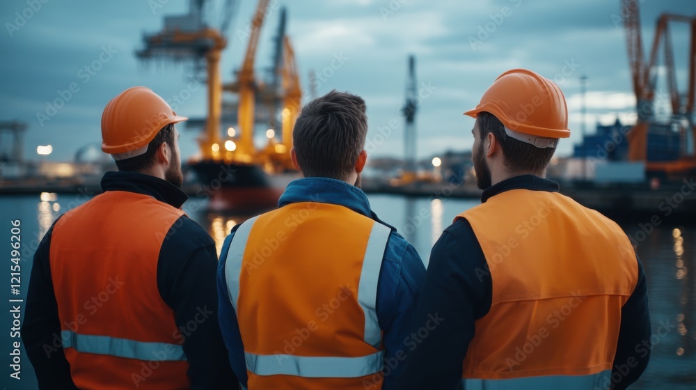 Workers Observing Industrial Port Operations at Twilight in an Urban Setting with Cranes and Ships in Background Workers Observing Industrial Port Operations at Twilight in an Urban Setting with Cranes and Ships in Background