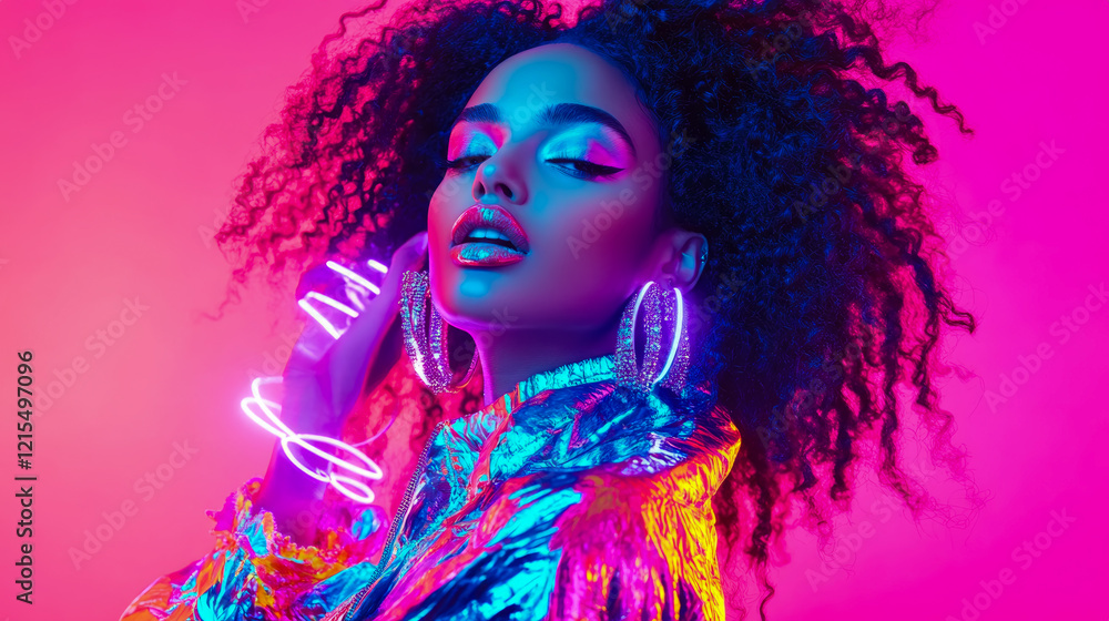 Fototapeta premium Radiant Woman in Neon Light and Shimmering Attire: A Fashion Portrait