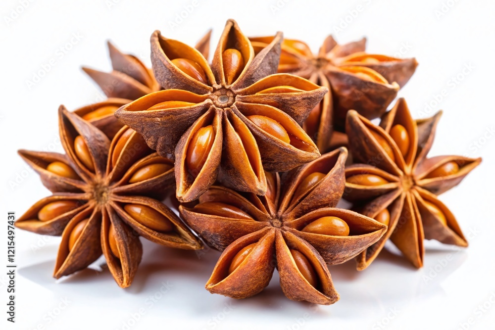 Star Anise Spice, Aromatic Star Shaped Seeds, Isolated White Background, Culinary Herb, Food Photography Star Anise Spice, Aromatic Star Shaped Seeds, Isolated White Background, Culinary Herb, Food Photography