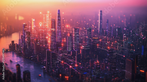 Wallpaper Mural Smart digital Innovation city with connection network reciprocity over the twilight cityscape. of future smart wireless digital city and social media networking systems that connects people with city Torontodigital.ca