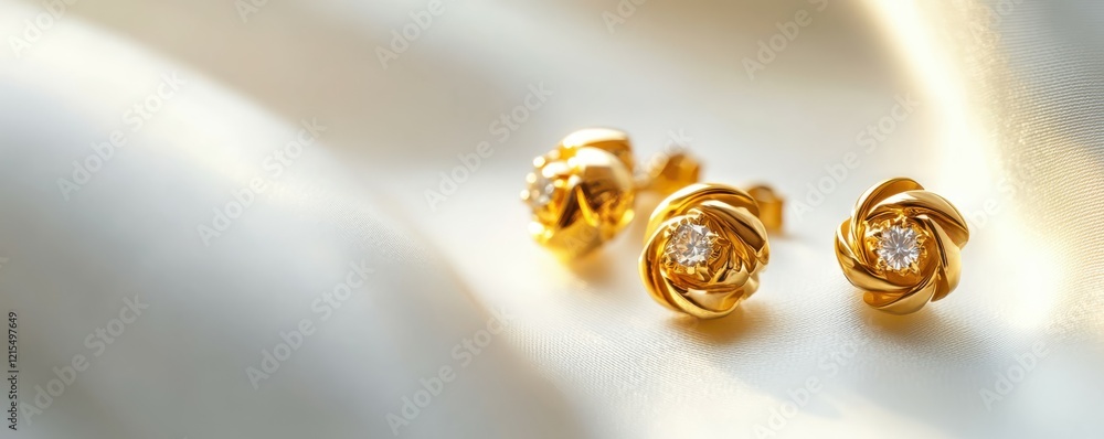 Elegant gold diamond earrings on silk fabric highlighting luxury and sophistication Elegant gold diamond earrings on silk fabric highlighting luxury and sophistication