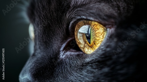 An intense close-up of a feline eye reveals vibrant golden hues, capturing a window reflection in its captivating gaze.