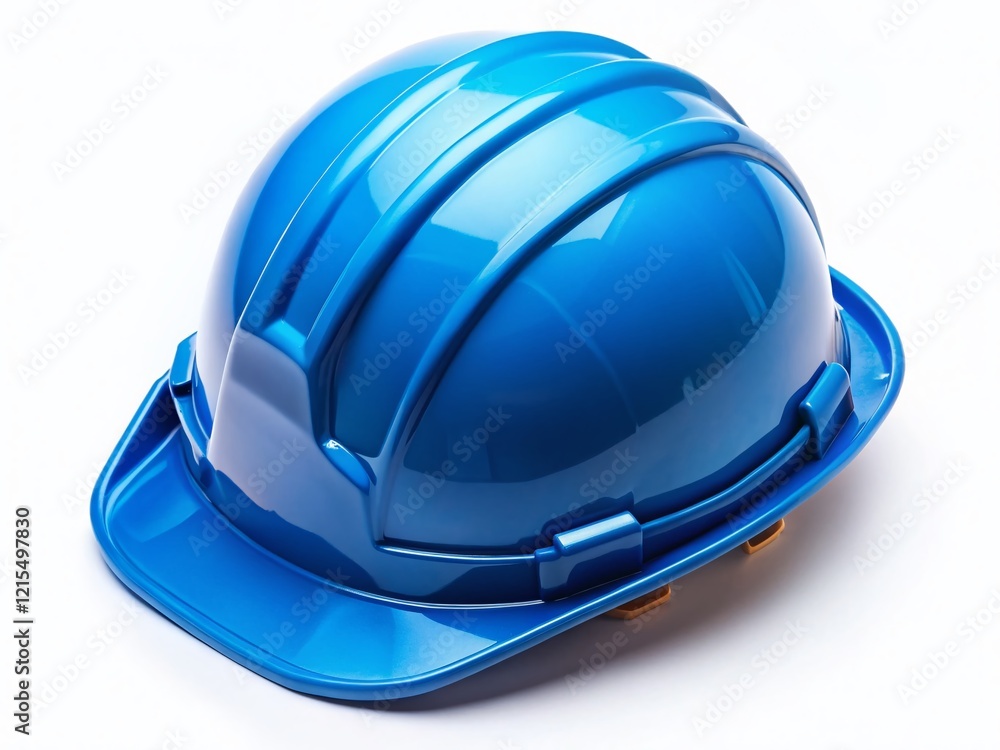 Fototapeta premium Safety First: Blue Hard Hat Isolated on White Background - Drone Photography Perspective