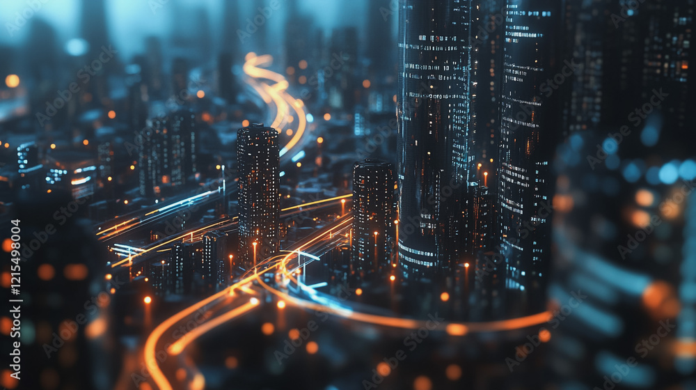 Fototapeta premium Smart digital Innovation city with connection network reciprocity over the twilight cityscape. of future smart wireless digital city and social media networking systems that connects people with city