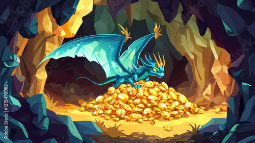 Fairytale fantasy creature with wings defend a pile of gold and diamonds underground in a cartoon landscape of a dungeon. Diamond Cavern. Illustration photo