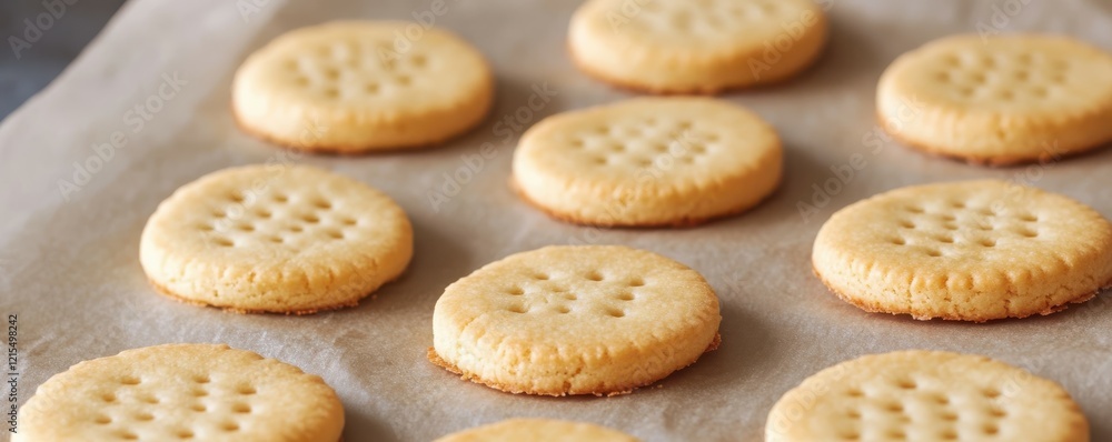 Golden baked shortbread cookies on parchment paper Golden baked shortbread cookies on parchment paper