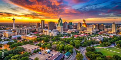 San Antonio Skyline Aerial Panoramic View, South Central Texas - Stunning Sunset