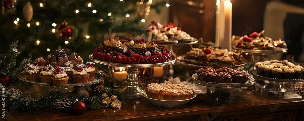Assorted holiday desserts on festive table by christmas tree with lights Assorted holiday desserts on festive table by christmas tree with lights