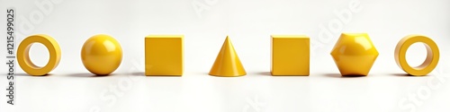 Set of basic yellow 3d geometric shapes isolated on white background. Collection of sphere, cube, cone, cylinder, pentagon, ring. Shapes in trendy yellow. Perfect for education, graphic design.