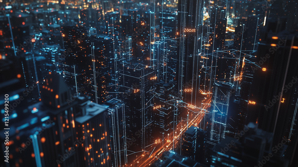 Smart digital Innovation city with connection network reciprocity over the twilight cityscape. of future smart wireless digital city and social media networking systems that connects people with city Smart digital Innovation city with connection network reciprocity over the twilight cityscape. of future smart wireless digital city and social media networking systems that connects people with city