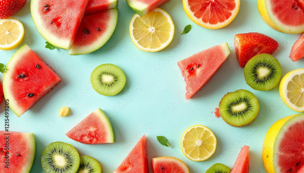Naklejka premium Sliced fruits arranged on a light background, featuring watermelon, strawberries, kiwi, and lemon.