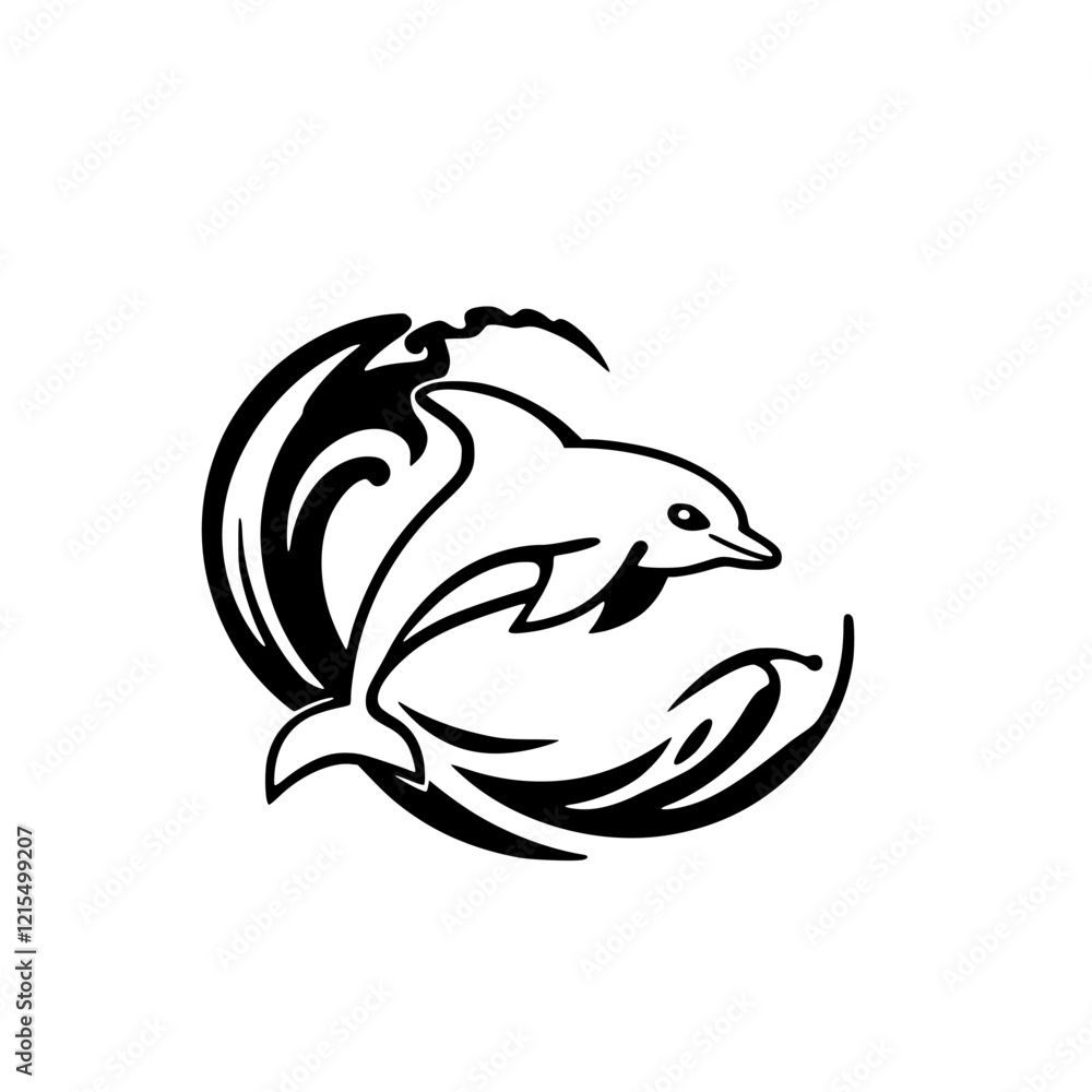 Elegant Dolphin Leaping Through Waves: A Black and White Artistic Design Elegant Dolphin Leaping Through Waves: A Black and White Artistic Design