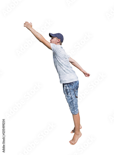 Fotografie Side view full length young man hand stretched trying to reach to something isol