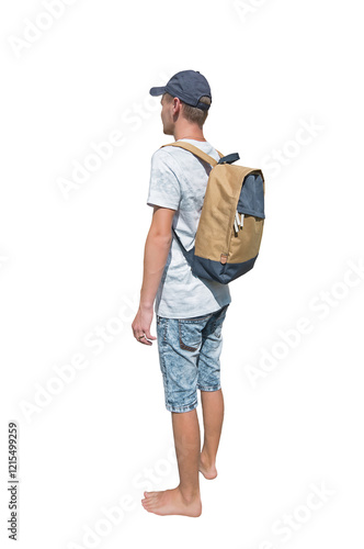 Side view full length portrait of a casual young man traveler carrying a backpack and wearing a cap ready for adventure isolated on transparent background