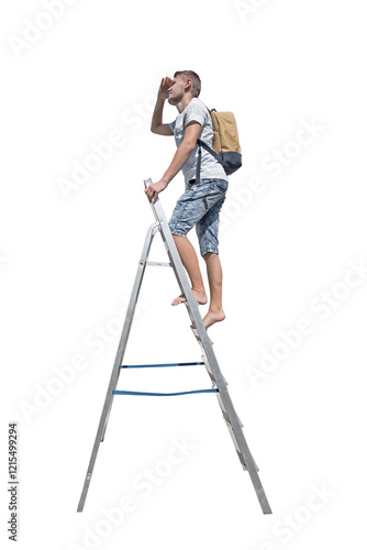 Side view full length casual man traveler climbing a ladder carrying a backpack looking away hand to forehead isolated on transparent background