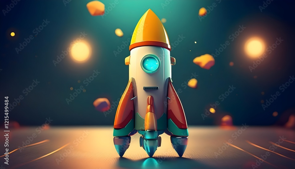 Naklejka premium Cartoonish 3D rocket ready to launch. Shuttle spaceship heading into space, business startup launch concept