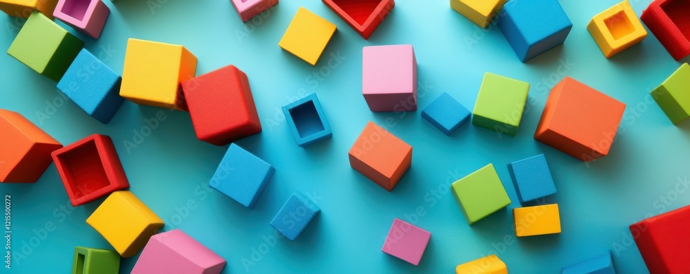 Obraz premium Colorful geometric blocks on blue background