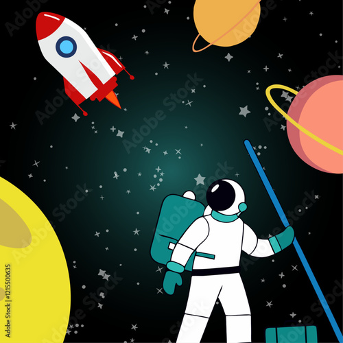 Astronaut is flying in space galaxy cosmos with planets rocket and stars. Exploring missions with no gravity 