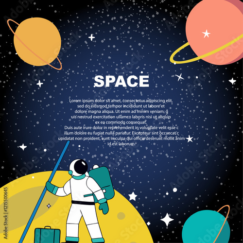 Astronaut is flying in space galaxy cosmos with planets and stars. Exploring missions with no gravity 