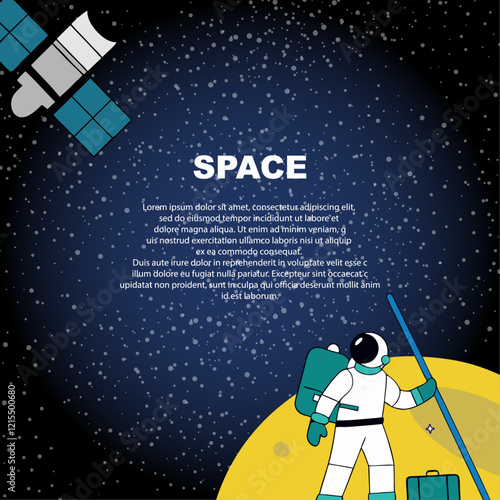 Astronaut is flying in space galaxy cosmos with planets satellite and stars. Exploring missions with no gravity 