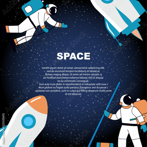 Astronauts are flying in space galaxy cosmos with planets rocket and stars. Exploring missions with no gravity