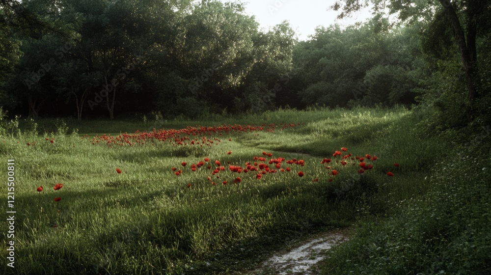 Red poppies scatter across a sunlit meadow, nestled among lush trees, evoking a serene, vibrant landscape. Red poppies scatter across a sunlit meadow, nestled among lush trees, evoking a serene, vibrant landscape.