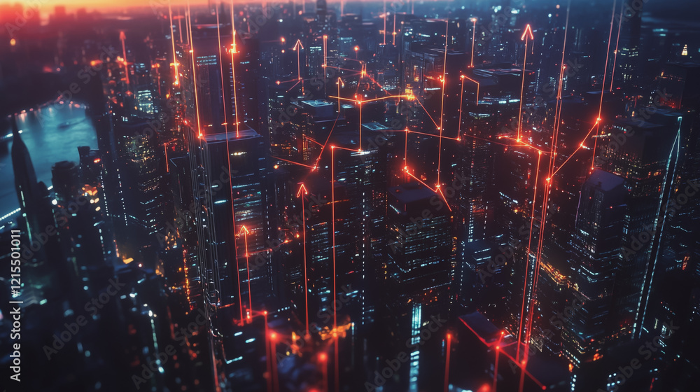 Obraz premium Smart digital Innovation city with connection network reciprocity over the twilight cityscape. of future smart wireless digital city and social media networking systems that connects people with city