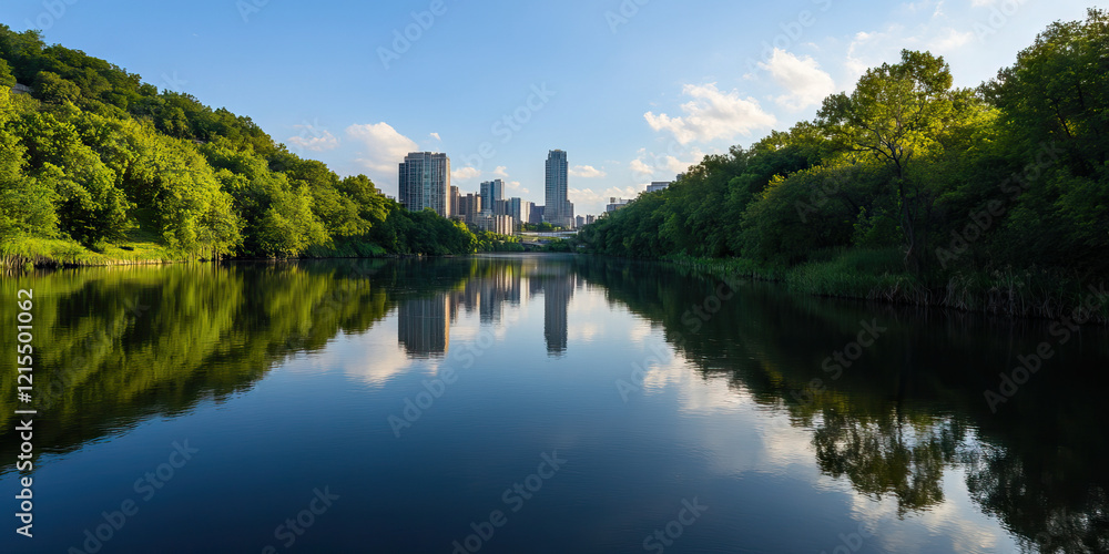 City Skyline Reflected in River with Green Banks City Skyline Reflected in River with Green Banks