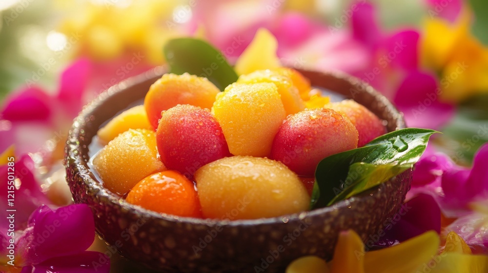Fresh tropical fruits with water droplets, surrounded by colorful petals, celebrating Thai Songkran Festival's vibrant and festive spirit. Fresh tropical fruits with water droplets, surrounded by colorful petals, celebrating Thai Songkran Festival's vibrant and festive spirit.