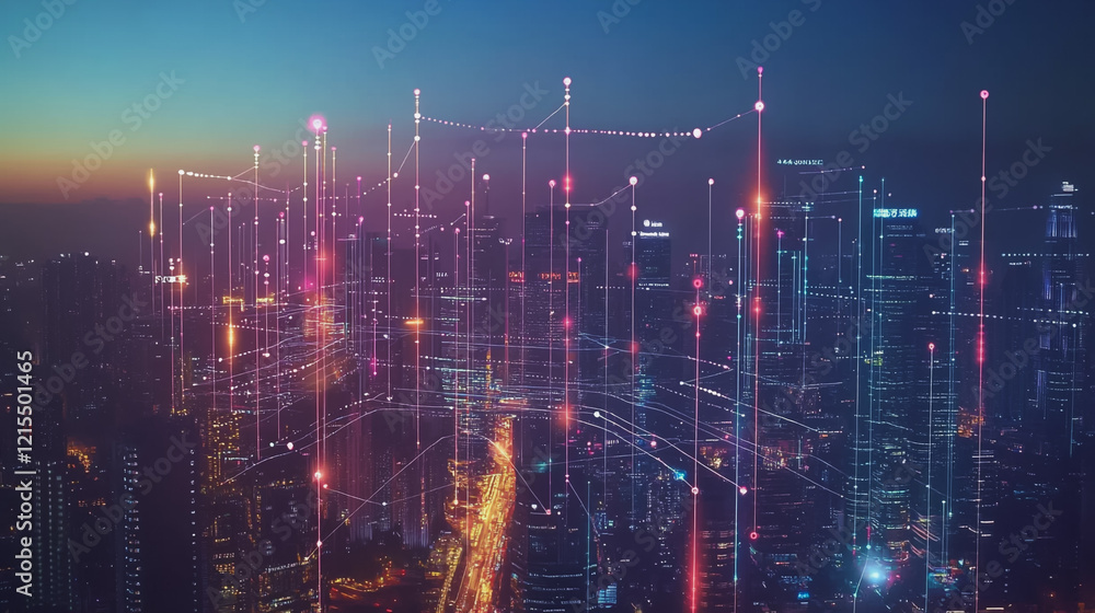 Smart digital Innovation city with connection network reciprocity over the twilight cityscape. of future smart wireless digital city and social media networking systems that connects people with city Smart digital Innovation city with connection network reciprocity over the twilight cityscape. of future smart wireless digital city and social media networking systems that connects people with city