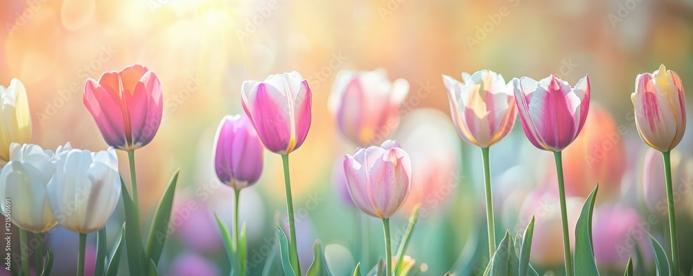 Vibrant springtime tulips blooming in sunlit garden Vibrant springtime tulips blooming in sunlit garden