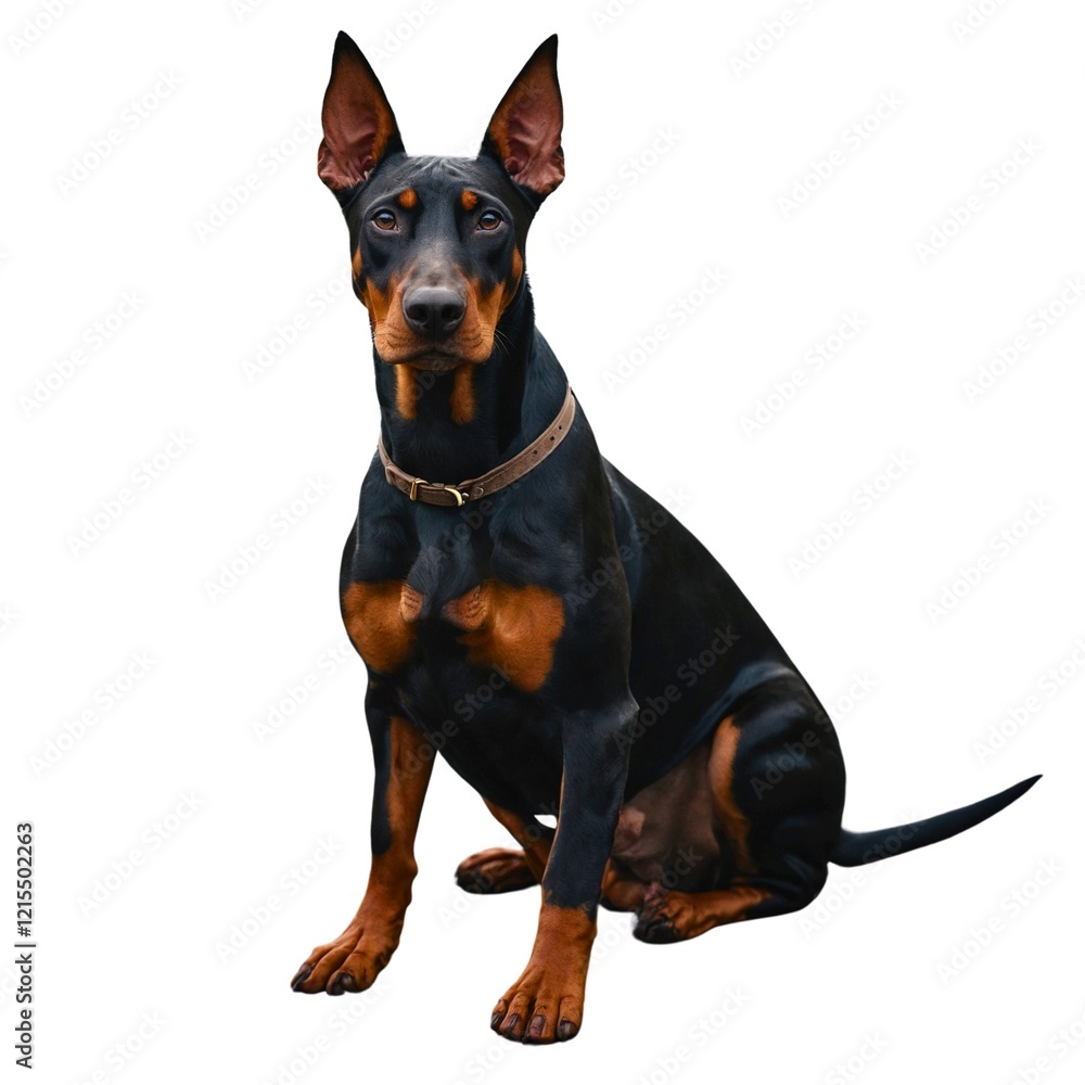 Dobermann dog breed standing against white background,Big Dog Isolated. Happy Doberman Pinscher sitting on a white background, sleek build, alert expression Dobermann dog breed standing against white background,Big Dog Isolated. Happy Doberman Pinscher sitting on a white background, sleek build, alert expression