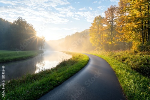 Scenic view of a winding road alongside a misty river, surrounded by vibrant autumn trees and soft sunlight illuminating the early morning landscape. photo