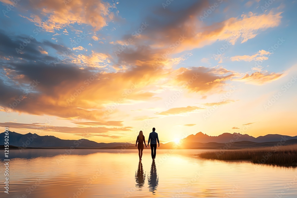 Silhouette of a couple walking hand in hand along the water's edge during a stunning sunset. The sky is filled with vibrant colors reflecting on the calm surface of the lake. Silhouette of a couple walking hand in hand along the water's edge during a stunning sunset. The sky is filled with vibrant colors reflecting on the calm surface of the lake.