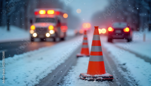 Winter accident scene on snowy road. Emergency vehicles visible in background. Traffic cones block off area. Snow covers road, edges of pavement. Safety measures in place to prevent incidents. Road photo