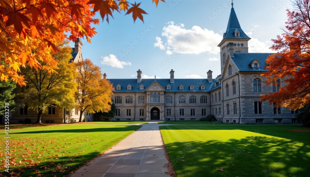 Obraz premium Autumnal scene on university campus. Historic buildings stand in colorful trees. Well-maintained lawn stretches between structures. Sunlight casts shadows across grounds. Walkway leads to grand