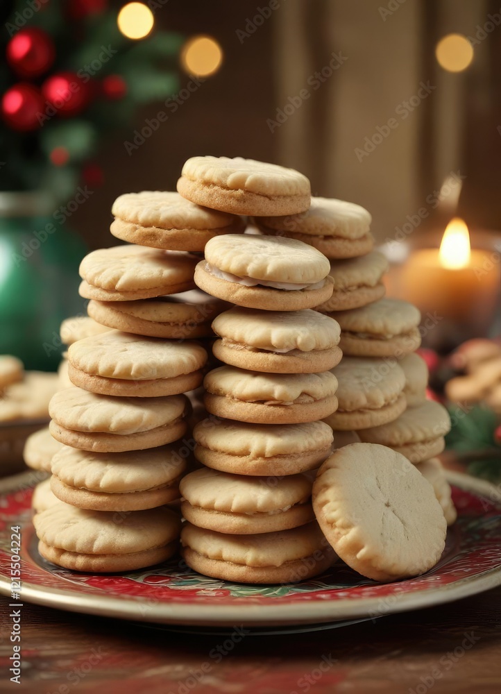 A stack of freshly baked shortbread cookies on a decorative holiday platter, home, kitchen, shortbread cookies A stack of freshly baked shortbread cookies on a decorative holiday platter, home, kitchen, shortbread cookies