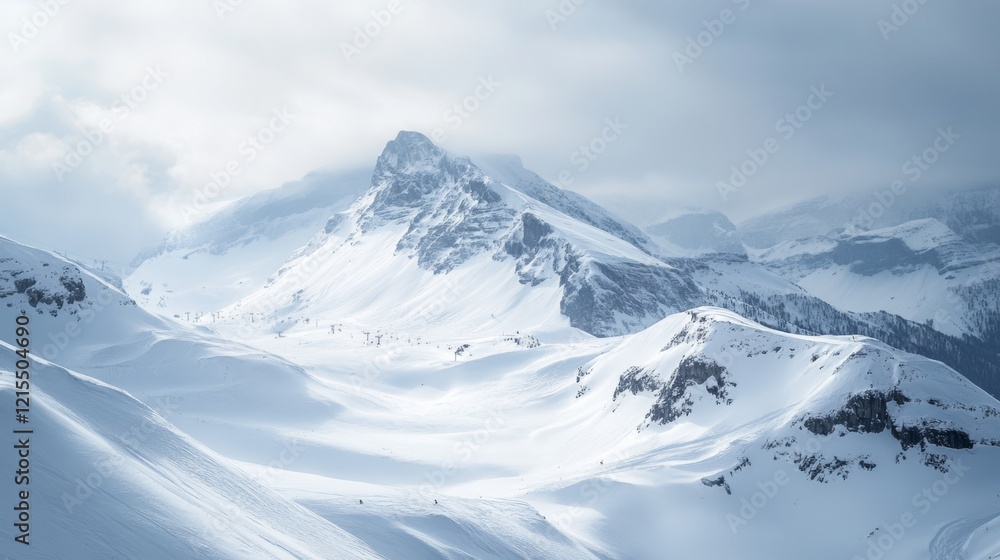 Snowy mountain landscape with dramatic peaks and ski slopes Snowy mountain landscape with dramatic peaks and ski slopes