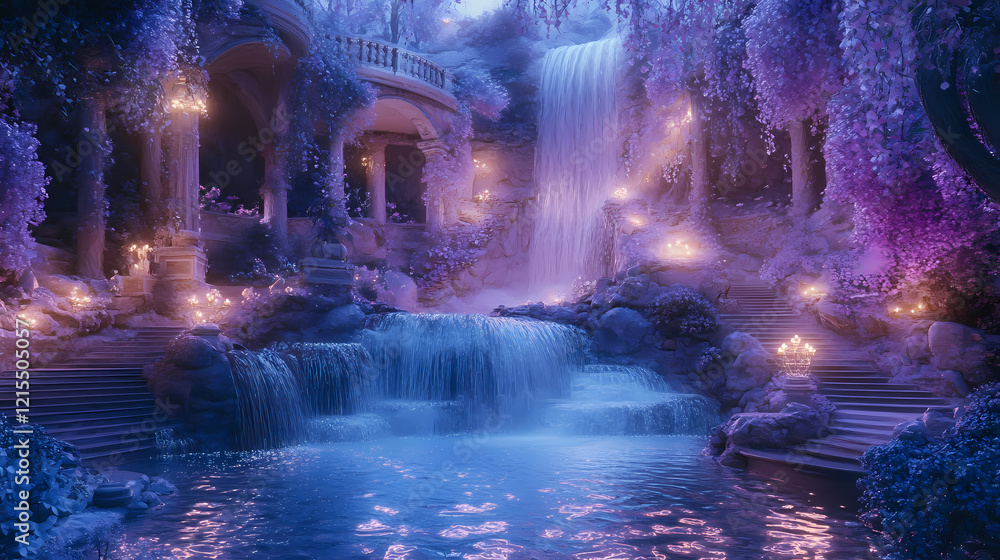 Tranquil falls and enchanted glow: a captivating architectural photography of a fantasy nature landscape with serene waterfalls and luminous surroundings. Dreamscape Falls. Illustration Tranquil falls and enchanted glow: a captivating architectural photography of a fantasy nature landscape with serene waterfalls and luminous surroundings. Dreamscape Falls. Illustration