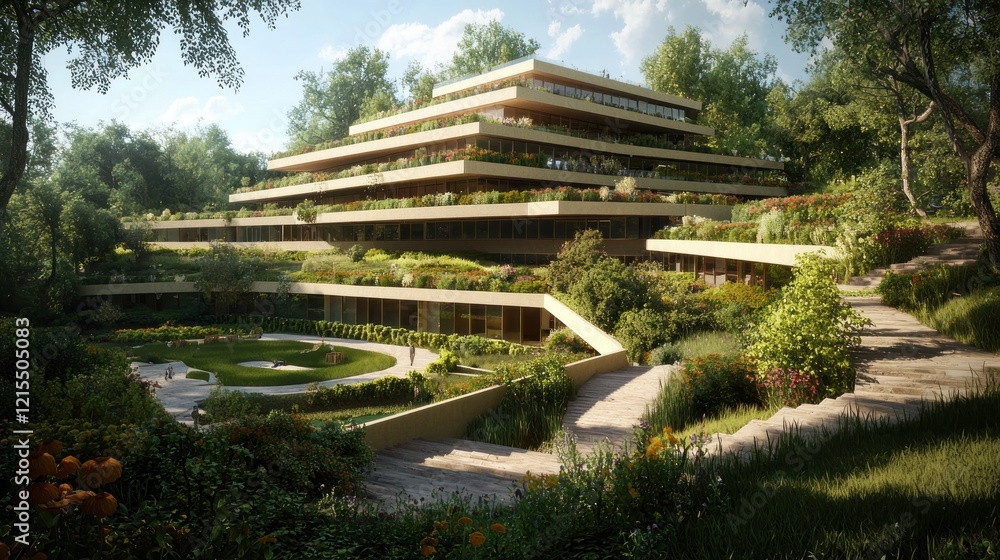 Eco-friendly hillside apartments, lush landscaping, architectural rendering Eco-friendly hillside apartments, lush landscaping, architectural rendering