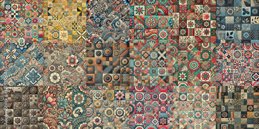 Fototapeta premium Creative patchwork tiled backgrounds. AI generated illustration