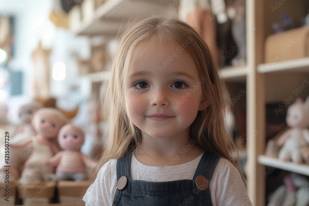 Portrait of smiling little girl standing in toy shop Portrait of smiling little girl standing in toy shop