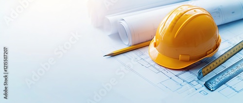 A close-up of a yellow hard hat placed next to engineering blueprints, a ruler, and a pencil. The background is softly blurred, focusing on construction and design elements.