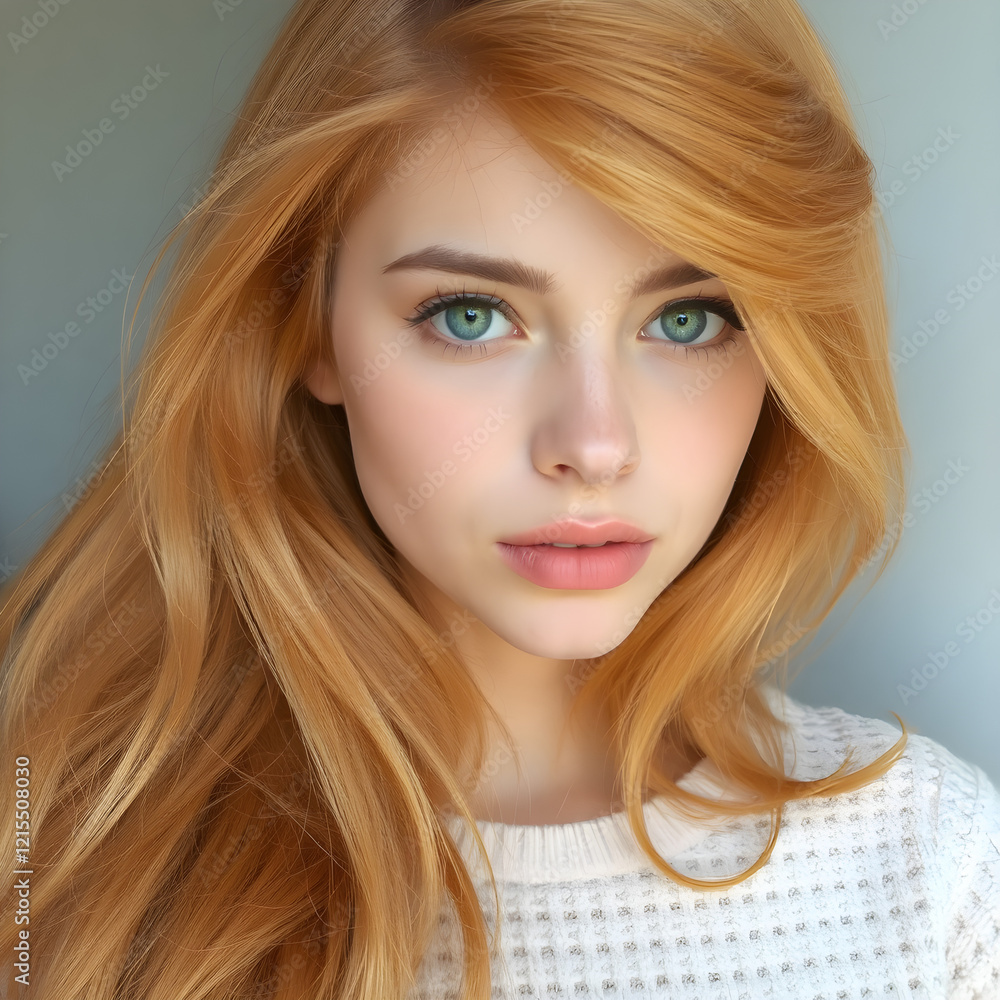 Naklejka premium Elegante mujer de cabello rojo y ojos cristalinos.
