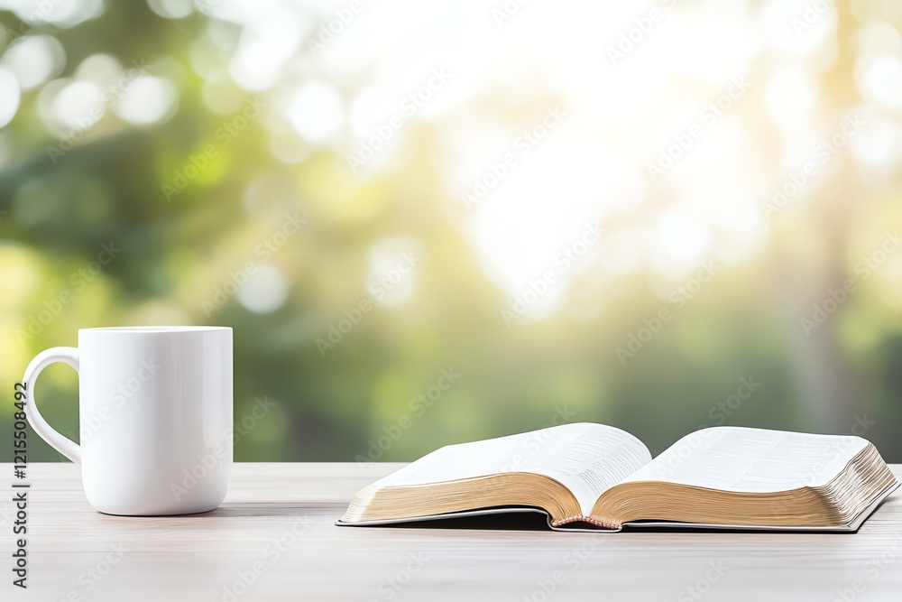 Naklejka premium A cozy scene featuring an open book beside a white coffee cup on a wooden table, with a soft, blurred natural background creating a serene and inviting atmosphere.