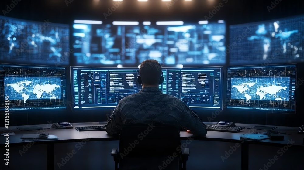 A focused individual analyzing data on multiple computer screens in a modern control room. The blue glow of technology reflects a high-tech atmosphere for information processing. A focused individual analyzing data on multiple computer screens in a modern control room. The blue glow of technology reflects a high-tech atmosphere for information processing.