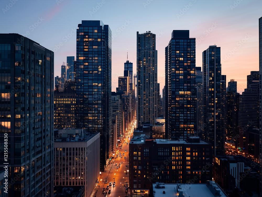 Fototapeta premium Twilight Metropolis: Urban Canyons Illuminated