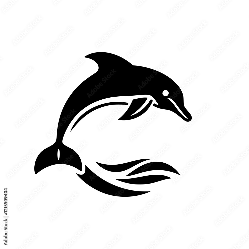 Naklejka premium Elegant Dolphin Silhouette: A Stunning Vector Graphic of a Dolphin Leaping Through Ocean Waves. Perfect for logos, designs, and marine-themed projects.