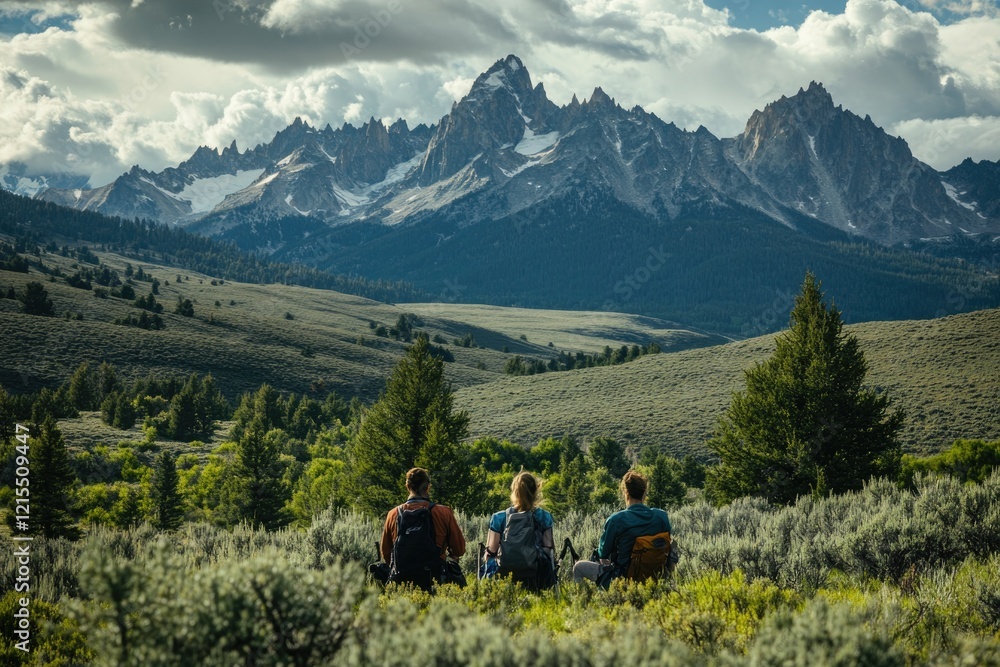 Obraz premium Three adventurers relax in serene mountain landscape, absorbing