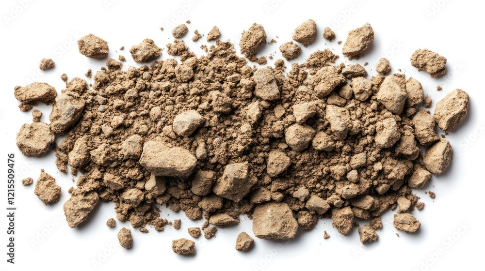 Crushed earth pile, studio shot, white background, construction material Crushed earth pile, studio shot, white background, construction material
